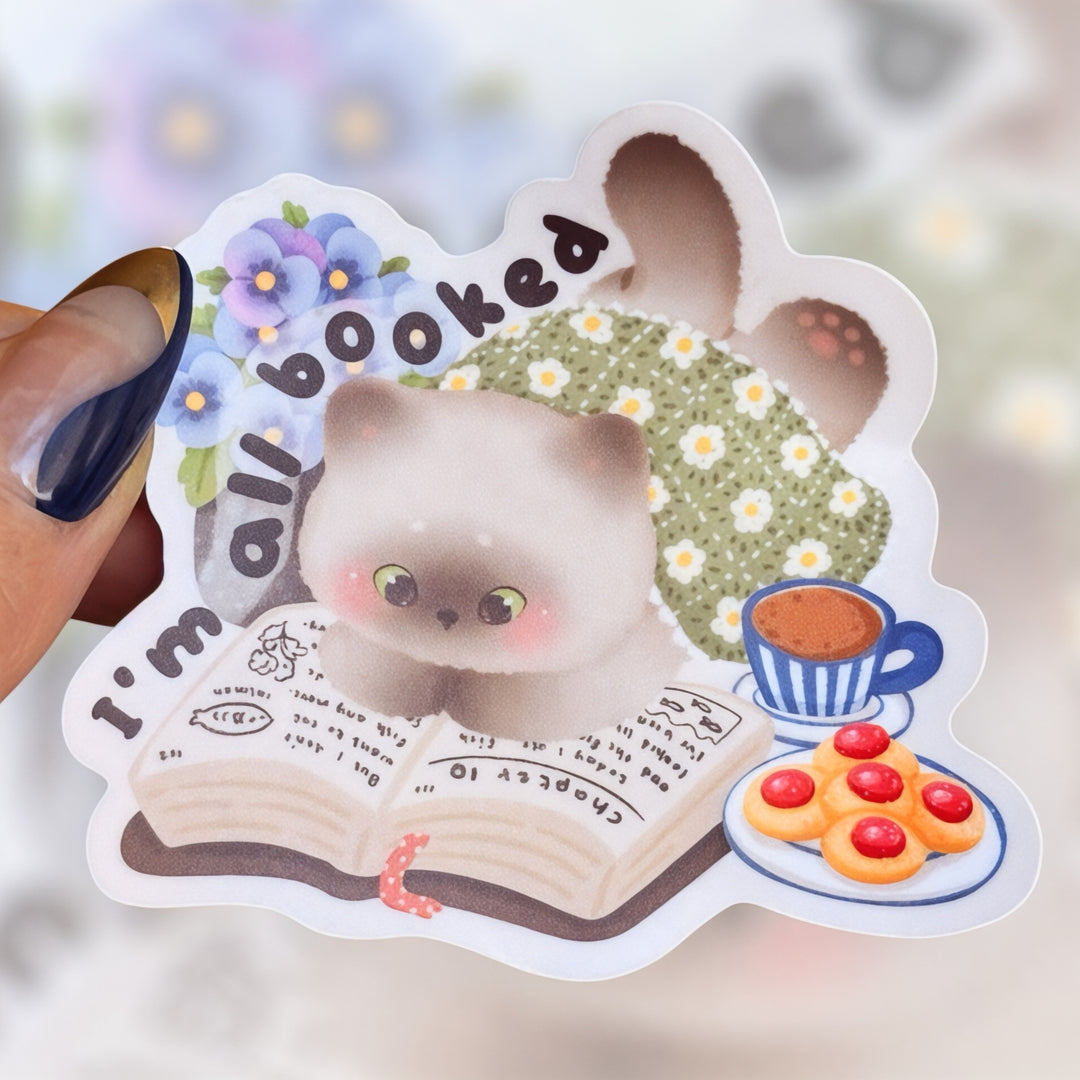 "I’m All Booked" – Cozy Cat Sticker