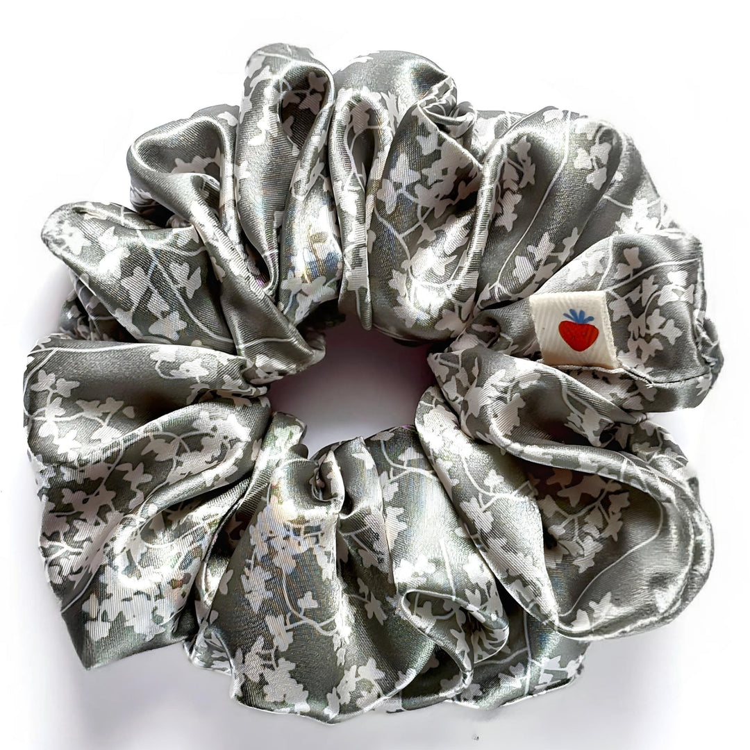 Olive green with soft cream floral detail XL Handmade Satin Scrunchie - Lila