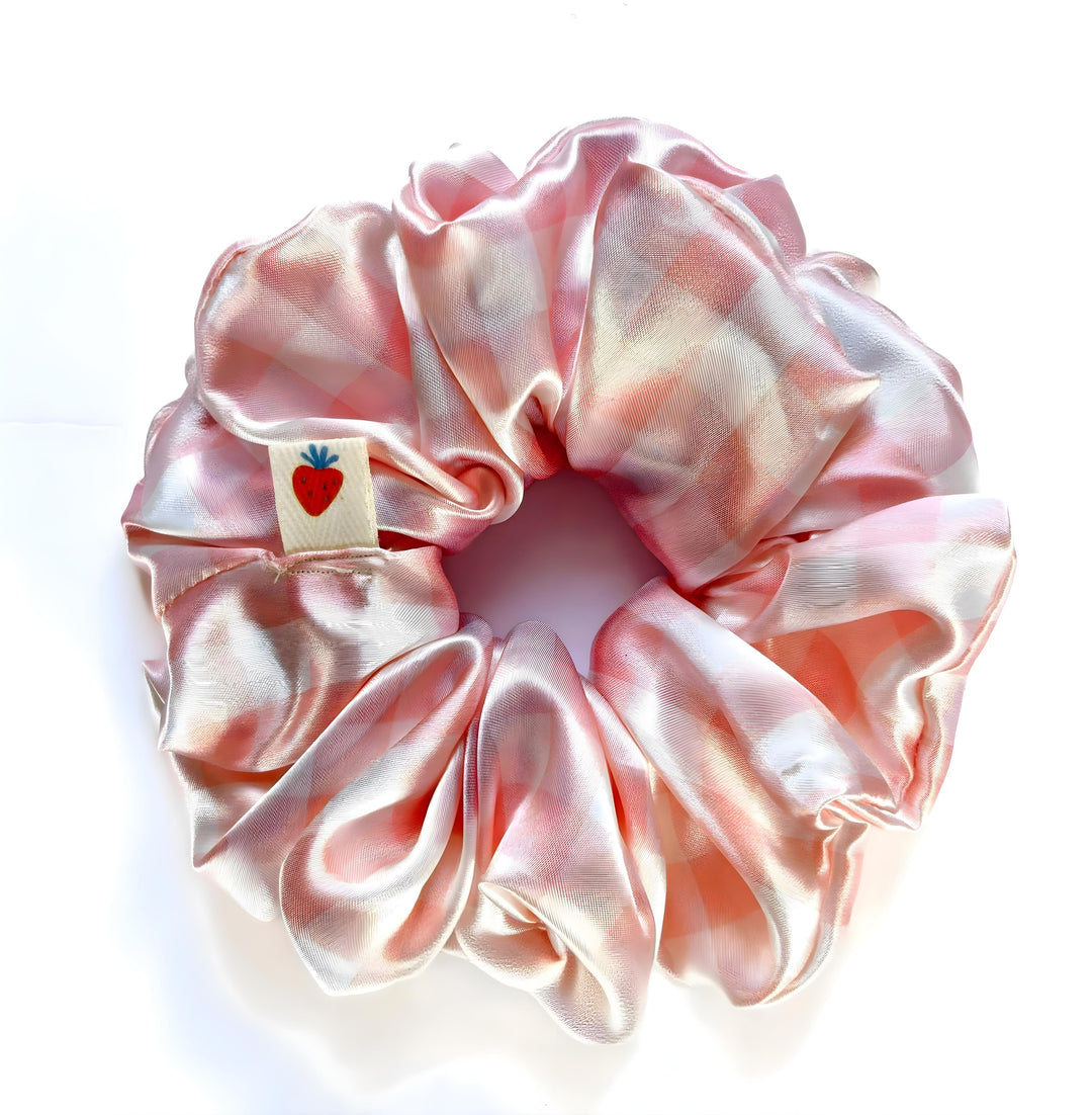 Chloe – Pastel Pink Plaid XL Handmade Satin Scrunchie
