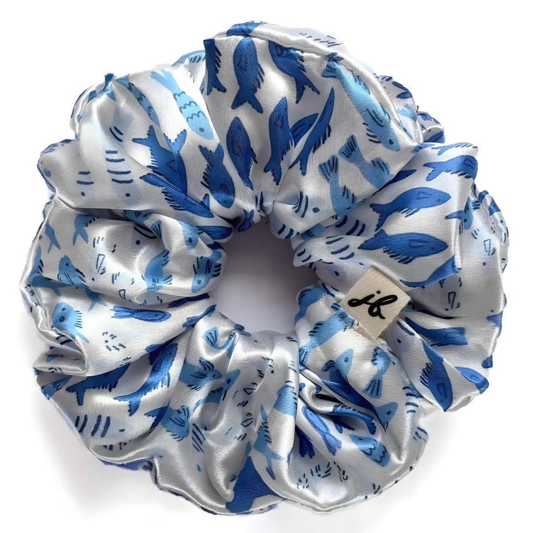 Blue fishes XL Handmade Satin Scrunchie - Marina