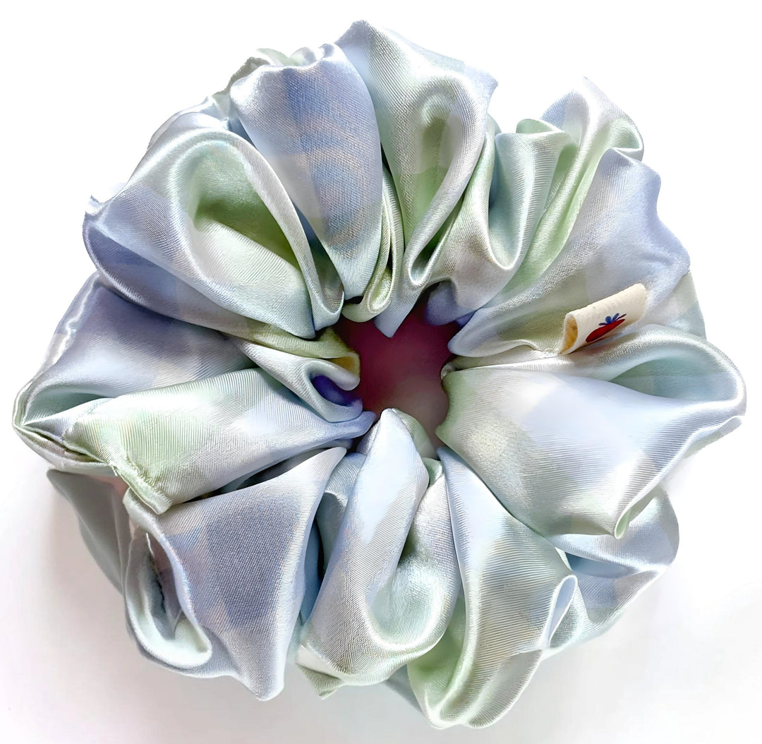 Grace – Pastel blue and green plaid XL Handmade Satin Scrunchie
