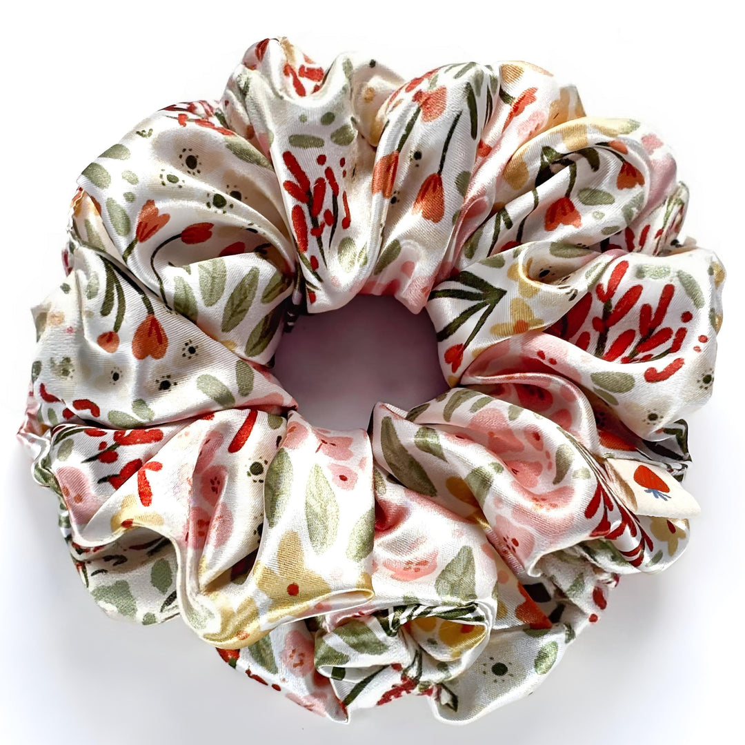 Small Painted flowers XL Handmade Satin Scrunchie - April