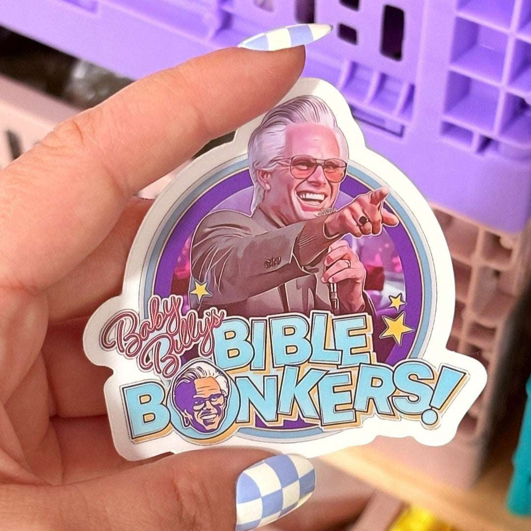 Baby Billy’s Bible Bonkers Vinyl Sticker
A matte vinyl sticker featuring Baby Billy from The Righteous Gemstones in a retro game-show style. Waterproof and durable—perfect for laptops, water bottles, notebooks, and more.

Size: Approx. 3 x 3 inches
Finish: Matte
Material: Weatherproof vinyl
