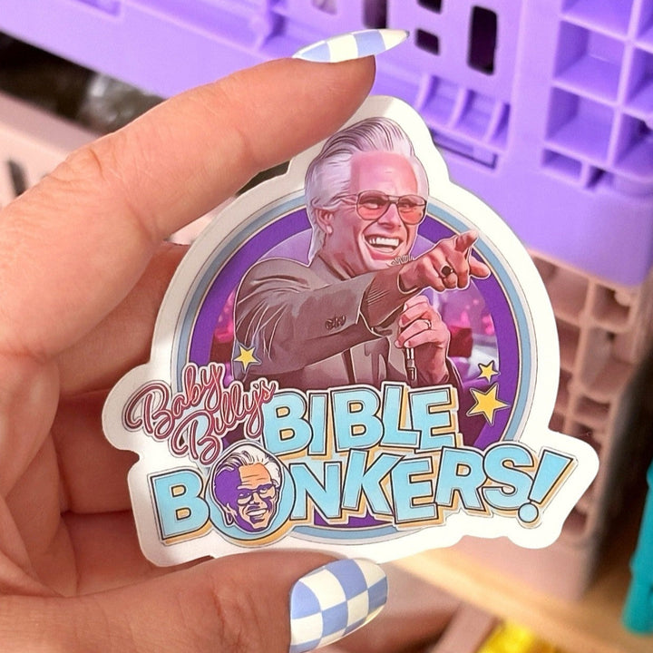 Baby Billy’s Bible Bonkers Vinyl Sticker
A matte vinyl sticker featuring Baby Billy from The Righteous Gemstones in a retro game-show style. Waterproof and durable—perfect for laptops, water bottles, notebooks, and more.

Size: Approx. 3 x 3 inches
Finish: Matte
Material: Weatherproof vinyl
