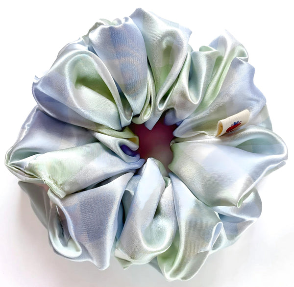 Grace – Pastel blue and green plaid XL Handmade Satin Scrunchie