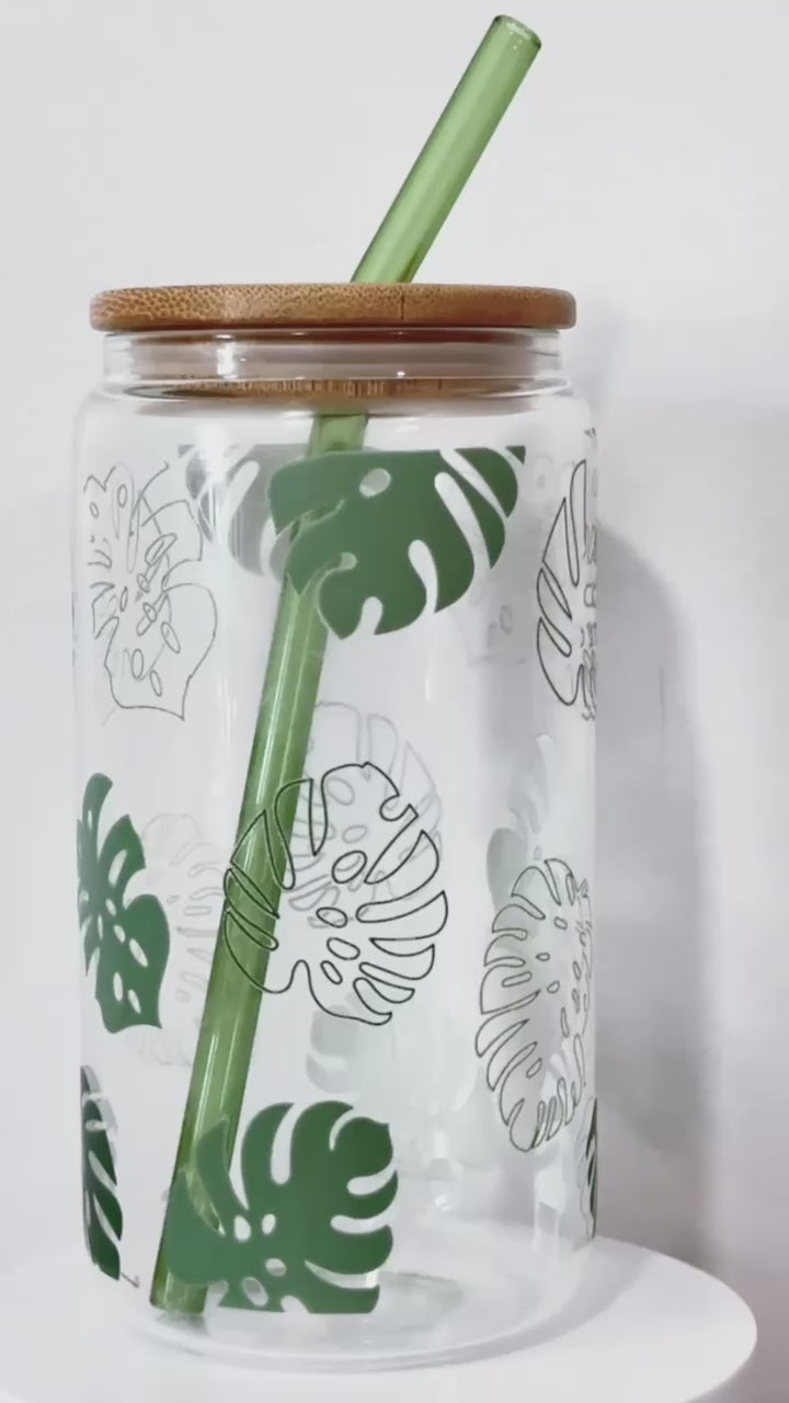 Monstera Leaves Glass Cup – 16oz